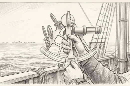 A brass sextant on a navigator's desk beside a rolled chart, a hand making a small adjustment to it