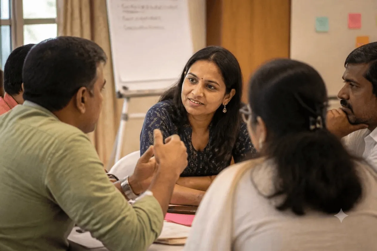 Participants in an Epignosis training session, leaning in mid-conversation around a table
